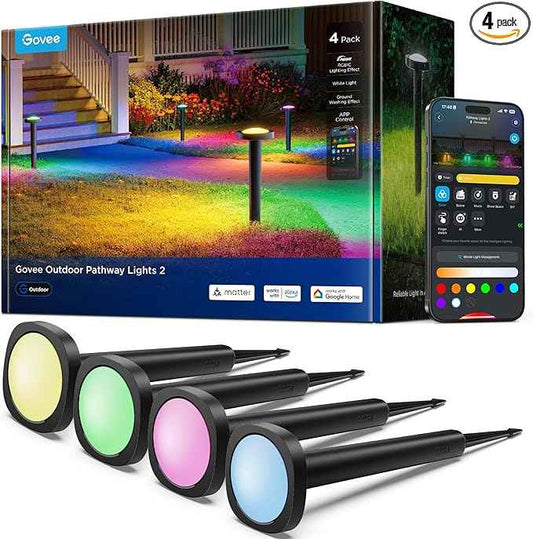 Govee Outdoor Pathway Lights 2, IP66 Waterproof Patio Lights, 60+ Scene Modes Landscape Lighting for Yard, Garage, Garden, Lawn, Outdoor Decor, Works with Alexa, Google Assistant, Matter, Wired 4 Pack
