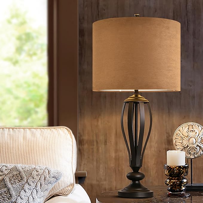 GOSO Set of 2 Medium Drum Lamp Shades Brown, Vintage Chamois Leather Cover Replacement,13 x13 x 10 (Spider) Fabric Velveteen Lamp Shade for Table Lamps and Floor Lampshades,Required Assembly