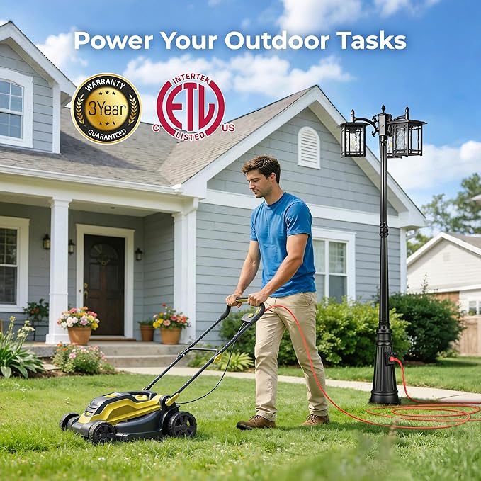 Outdoor Lamp Post Light Fixture, Black Dusk to Dawn Lamp Posts with Outlet, 3-Head Street Lamps Outdoor Lighting, Waterproof Outside Post Lights Hardwired, Anti-Rust Outside Pole Light for Yard