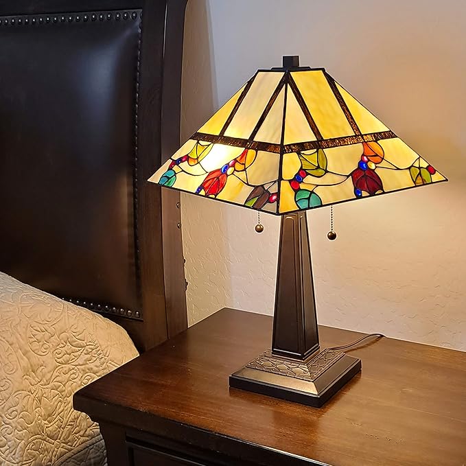 Tiffany Style Table Lamp Banker Mission 22" Tall Stained Glass Tan Blue Red Orange Green Vintage Antique Light Décor Night Stand Living Room Bedroom Handmade Gift AM301TL14B Amora Lighting, Multicolor