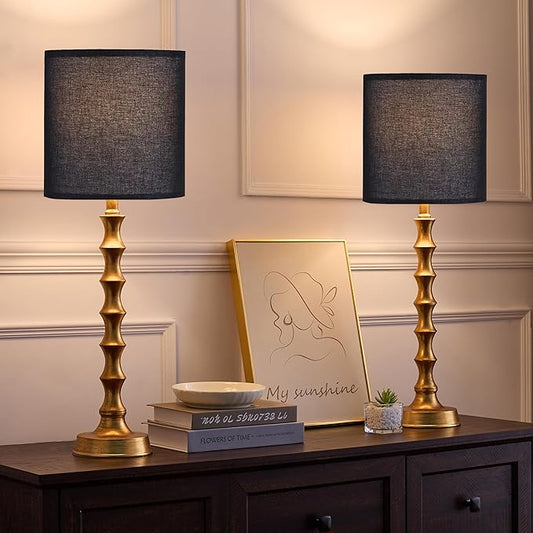 28.75" Gold Buffet Lamps Set of 2, Tall Skinny Gold Lamps Set of 2 with Black Shade, Rustic Modern Nightstand Lamps for Bedroom, Living Room, Guest Room Decor
