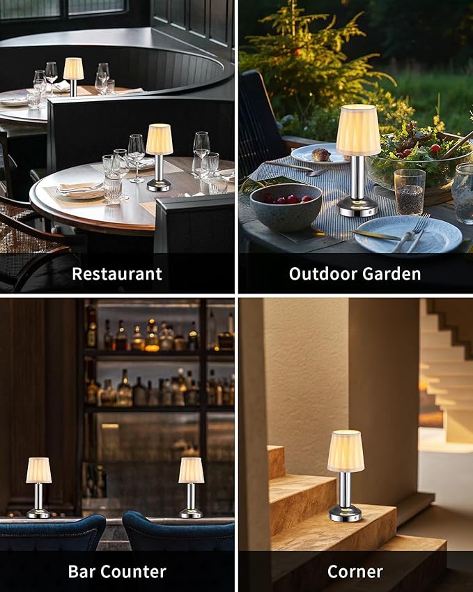 Small Cordless Table Lamp 2 Pack, 11.4" H Fabric Shade Touch Lamps, 4000mAh Rechargeable Battery Powered Lamp, Mini Bedside Lamp for Buffet, Dining Room, Bedroom, Bar (Silver)