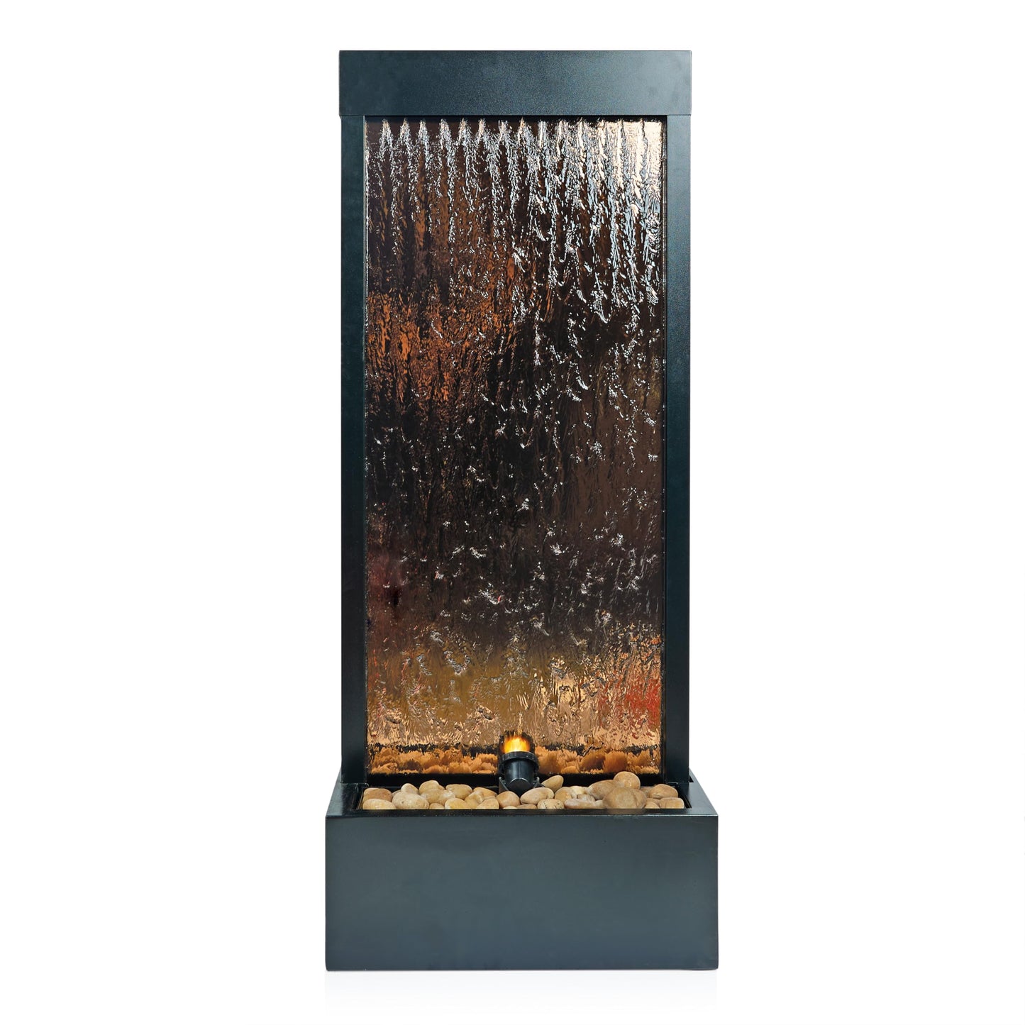 48" Tall Indoor Modern Wall Mounted Zen Mirror Waterfall Floor Fountain with Stones and LED Lights Decor for Office