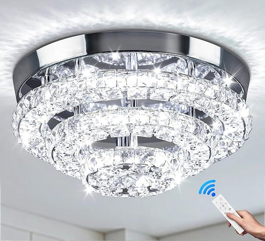 11.8" Modern Crystal Chandeliers LED Crystal Ceiling Light Fixture Flush Mount Ceiling Chandelier Light Chandelier for Dining Room Hallway Three-Tier Dimmable with Remote Control