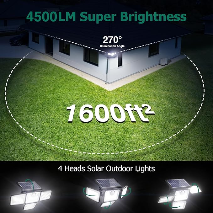 4500LM Solar Lights Outdoor, 4 Adjustable Heads Motion Sensor Lights, 3 Mode, IP65 Waterproof Solar Security Wall Lights, Remote Control Flood Lights, Graden, Outside, Backyard, 3 Pack