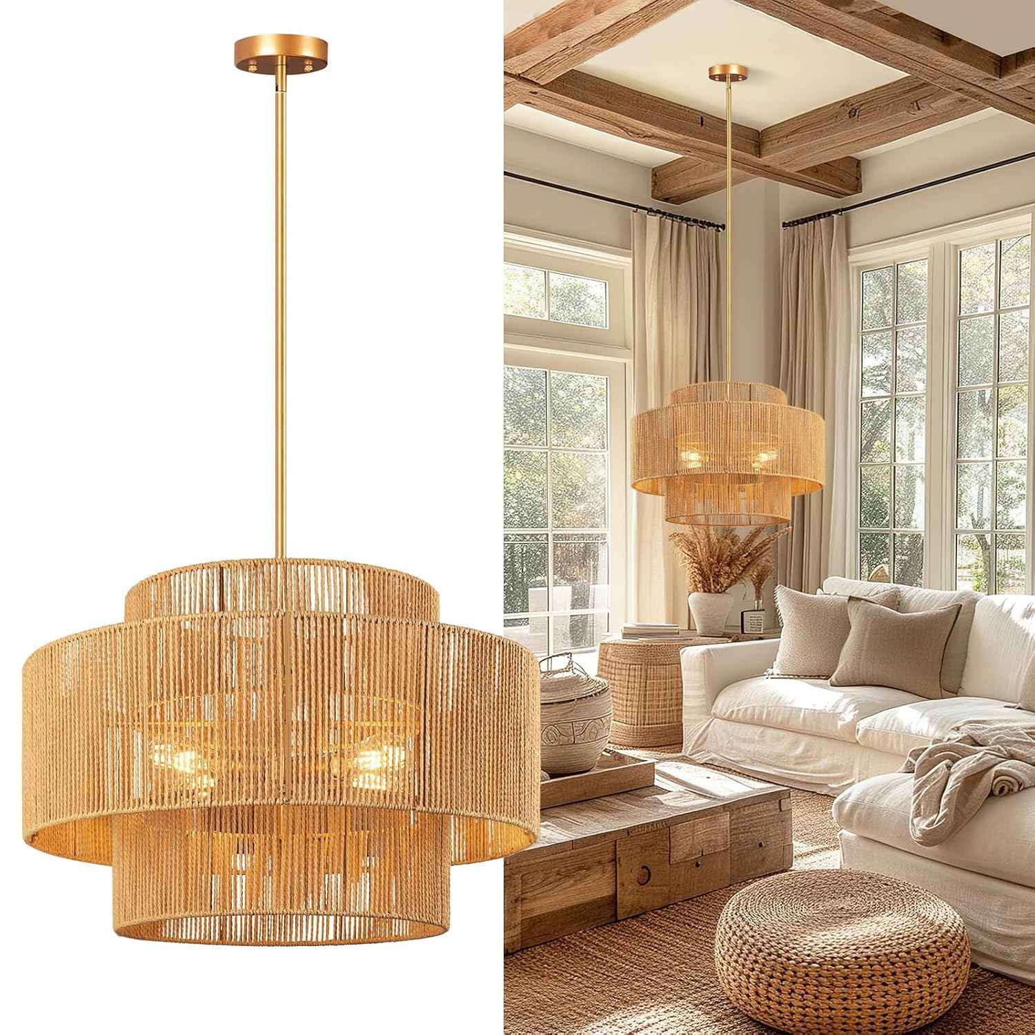 24'' Boho Rattan Chandelier, 4-Light Hand-Woven Wicker Pendant Lamp, Rustic Modern Ceiling Light Fixture for Dining Room, Kitchen Island, Living Room, Bedroom, Foyer, Entryway, Over Table