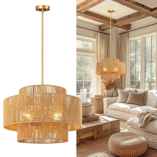 24'' Boho Rattan Chandelier, 4-Light Hand-Woven Wicker Pendant Lamp, Rustic Modern Ceiling Light Fixture for Dining Room, Kitchen Island, Living Room, Bedroom, Foyer, Entryway, Over Table