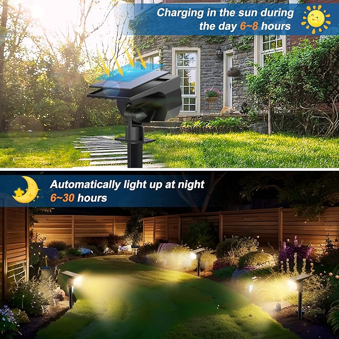 Solar Spot Lights Outdoor Waterproof IP65, 6 Pack Landscape Spotlights with 46 LEDs, 3 Modes Auto On/Off Solar Powered Flood Lights for Outside Pathway, Yard, Garden, Walkway (Warm White) - Aura Lighting