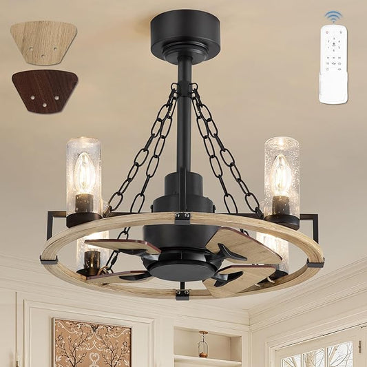 Wagon Wheel Rustic Chandelier Ceiling Fan with Light, 20 inch Farmhouse Caged Ceiling Fans, Quiet Reversible Motor, Dual Finish Blades, Wood Bladeless Fan Lights Ceiling Fixtures for Bedroom Kitchen