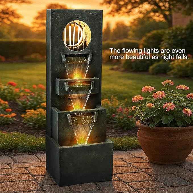 Naturefalls 39.3” H Modern Outdoor Fountain - 4-Tiered Outdoor Garden Fountains with Contemporary Design&LED Light for Garden, Patio, Deck, Porch, Backyard and Home Art Decor