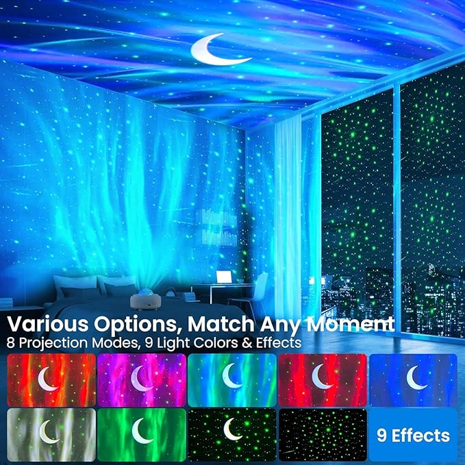 Galaxy Projector Night Light with Bluetooth Speaker, Starry Star Projection Light with Ocean Wave for Bedroom, Northern Lights Projector with Moon, Ambient Lighting for Room Party Xmas