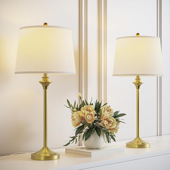 Maxax Brass Gold Table Lamps Set of 2 for Living Room, 26" Modern Buffet Lamps Gold Bedside Nightstand Lamps,Tall End Side Table Lamp with White Shade for Bedroom,Office