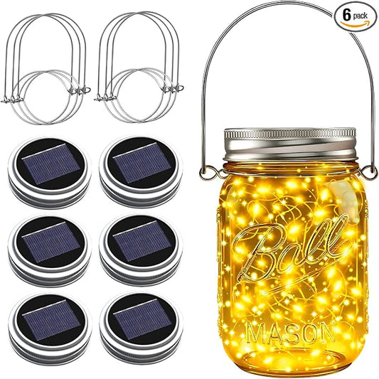 ZNYCYE Mason Jar Solar Lights for Outside, 6 Pack 30 LED Fairy Lights Mason Jar Solar Lids Outdoor Waterproof String Lights with Hangers (No Jars) for Patio Garden Yard Lawn Decor - Warm White