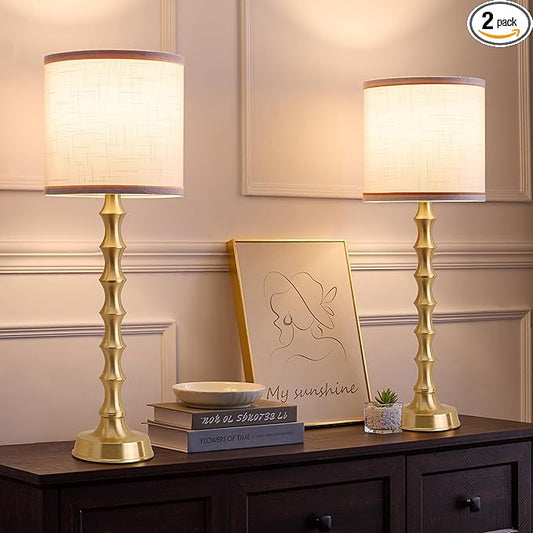 Set of 2 Gold Table Lamps, 30.5" Electroplated Gold Bamboo Base with White Linen Shade, Tall Buffet Lamps for Dining Room, Living Room, Bedroom Decor