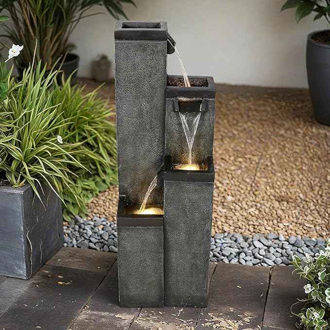 SunJet 4-Tier Modern Water Fountain, Indoor/Outdoor Resin Water Fountains with Soothing Water Sounds, Perfect for Garden, Patio, Home & Office, 12.5" L x 9.4" W x 39.3" H