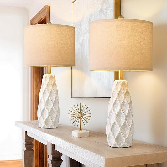 27.5" Ceramic Table Lamps for Living Room Bedroom Lamps Set of 2 Modern Boho Bedside Lamps Night Stands Farmhouse Vintage Large Nightstand Lamp Reading Light Home Office Dorm Desk Deco Gifts, White - Aura Lighting