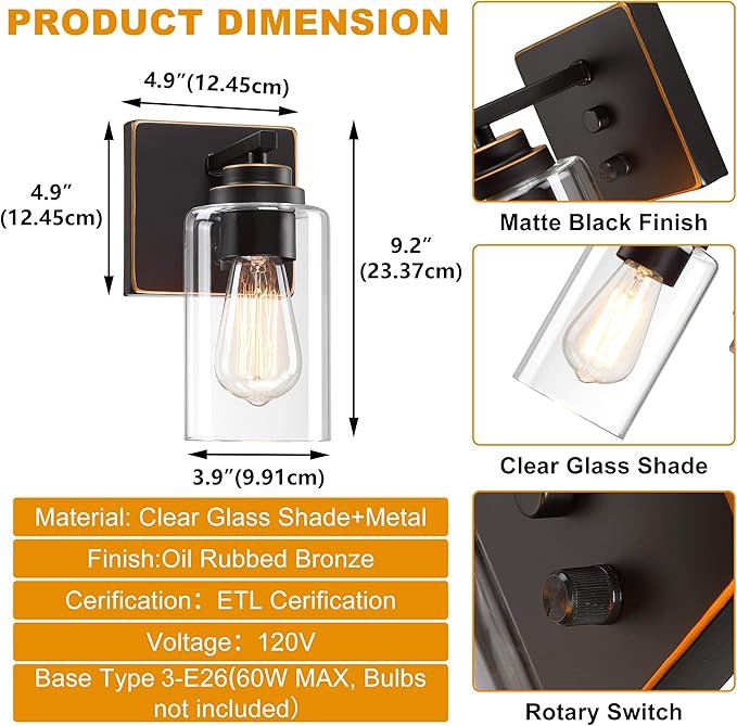 Pia Ricco Wall Sconces Set of 2, Bedside Wall Lamps with Switch for Bedroom, Modern Bathroom Light Fixtures with Clear Glass Shade, Oil Rubbed Bronze Sconces Wall Lights for Living Room, Hallway - Aura Lighting
