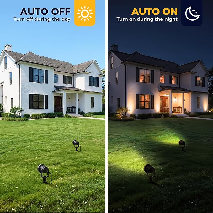 L LOHAS LED Outdoor Landscape Lighting, Auto On/Off 3000K Low Voltage Landscape Lighting, IP66 Waterproof Spot Lights for Yard, Outside, Garden, House, Pathway, Plant, Holiday Decor (10 Pack) - Aura Lighting