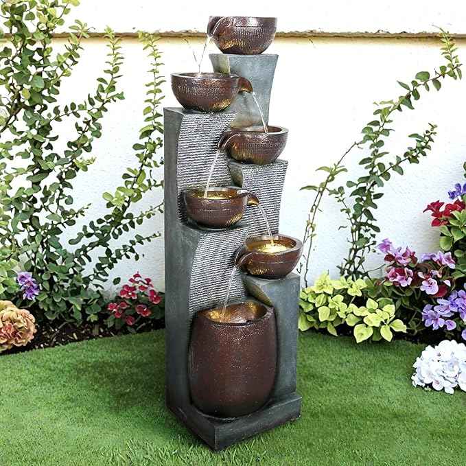 SunJet 6-Tiers Indoor/Outdoor Garden Water Fountain - 53.5inches Modern Floor-Standing Cascading Water Feature - Suitable for Deck, Patio, Porch, Yard Decor