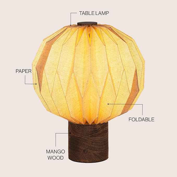 JONATHAN Y 11" Natural Modern Minimalist Accent Table Lamp for Bedroom Office, Paper Pleated Orb Shade, Mango Wood Base, LED Bulb Included (JYL9103B)