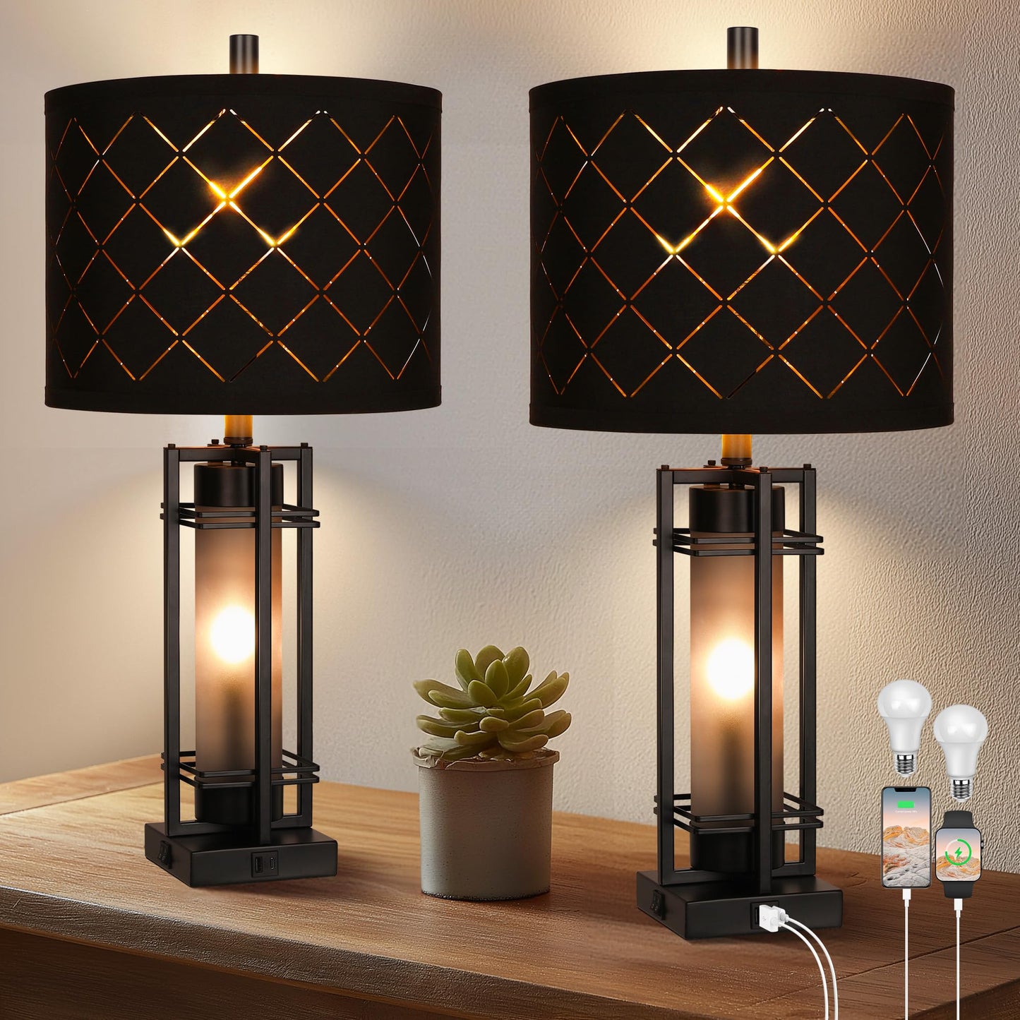 27'' Modern Table Lamp Set of 2 with Nightlight (2 Count)