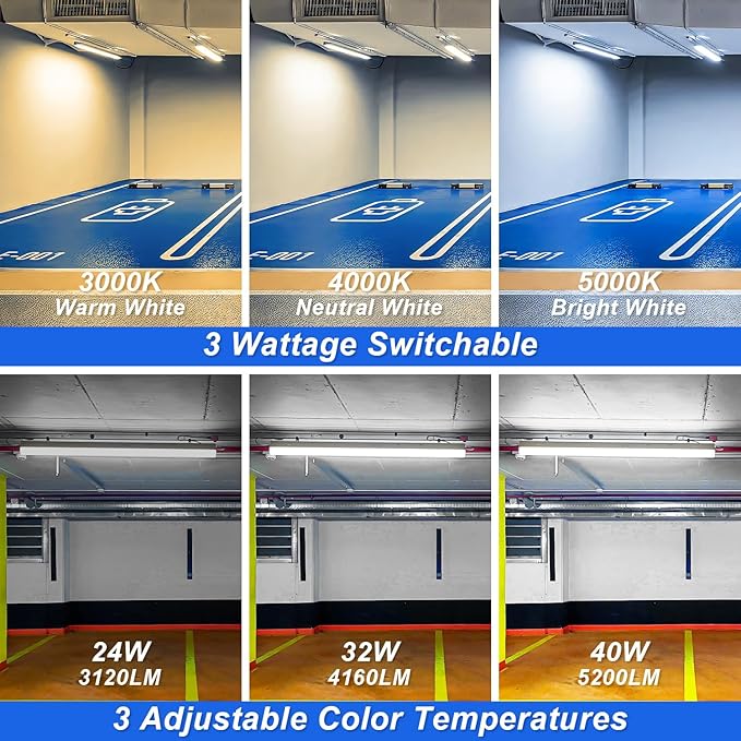 4FT LED Linear Strip Lights with Emergency Battery, 24W/32W/40W Selectable, 3CCT 3500K/4000K/5000K, Dimmable LED Shop Light, DLC ETL Listed Commercial Garage Ceiling Fixtures, AC100-277V (4 Pack)