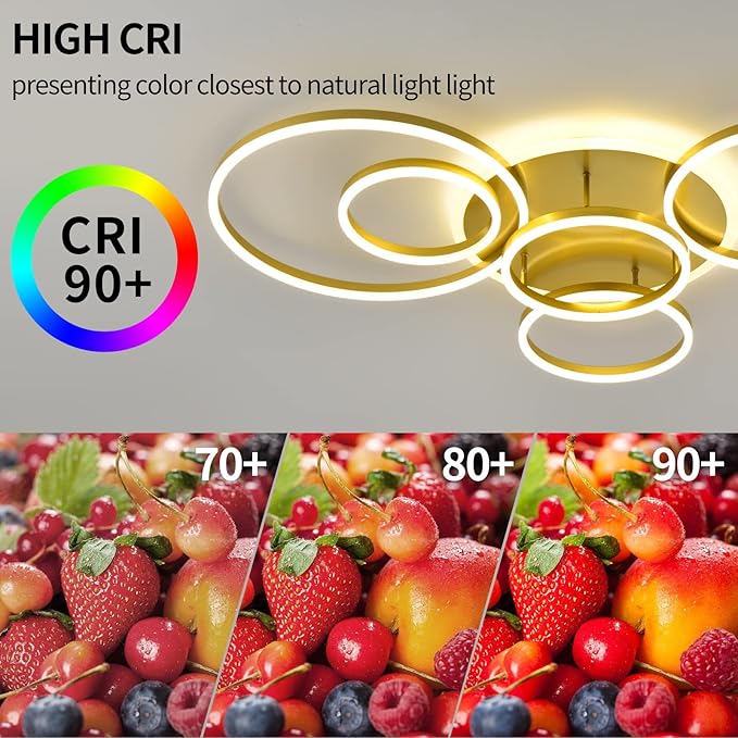 Modern LED Ceiling Light Gold Dimmable 5 Rings Flush Mount Ceiling Light Fixtures with Remote Control 106W 10000LM Ceiling Lighting for Living Room Bedroom Kitchen Dining Room 3000-6000K…
