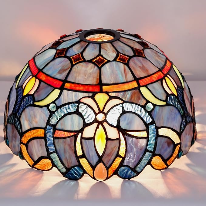 Tiffany Lamp Shade Replacement 12X6 Inch Stained Glass Lampshade Only 1-5/8-Inch Fitter Opening for Arched Floor Lamp, Torchiere Lamp, Pendant Light (Blue Purple)