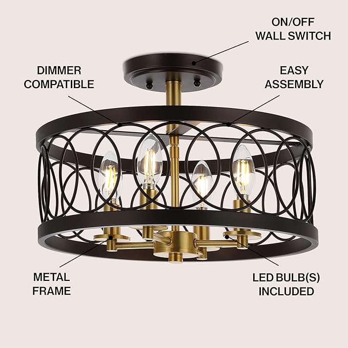 JONATHAN Y 15.5" Oil Rubbed Bronze/Brass Gold 4-Light Metal LED Semi-Flush Mount Ceiling Light, Metal Fretwork Shade for Bedroom Entryway Hallway, Traditional Round Dimmable Fixture (JYL9040B)