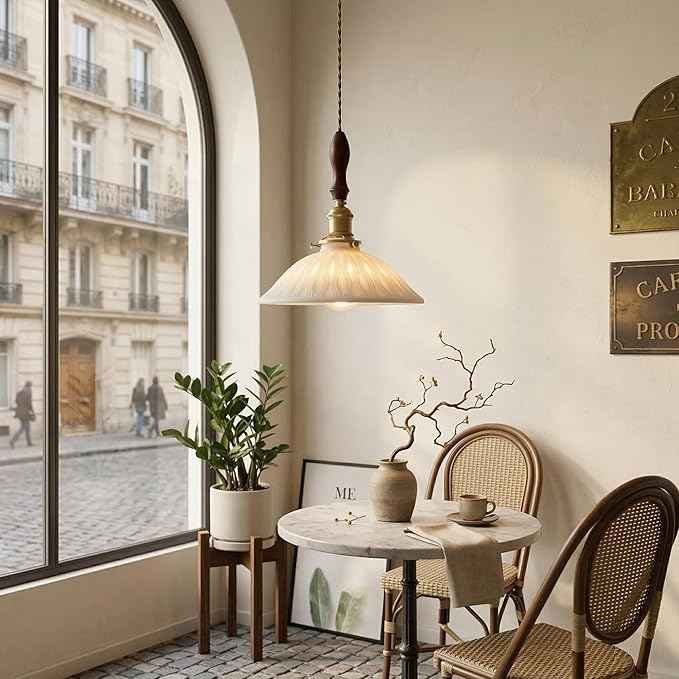 Pendant Light Hanging Lamp Ceiling Light Fixture Pleated Ceramic Shade Walnut Wood Accent Pure Brass Hardware 9.25 Inch for Kitchen Island Dining Room Bedroom Bedside Hallway Corridor Bar(B)