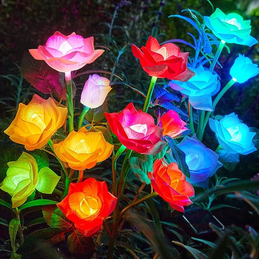 RECHOO Solar Garden Lights Outdoor Decorative, 3 Pack Solar Flower Lights with 15 Rose Flowers, Multi-Color Changing LED Waterproof Garden Decor for Landscape Pathway, Valentine's Day Gifts for Women