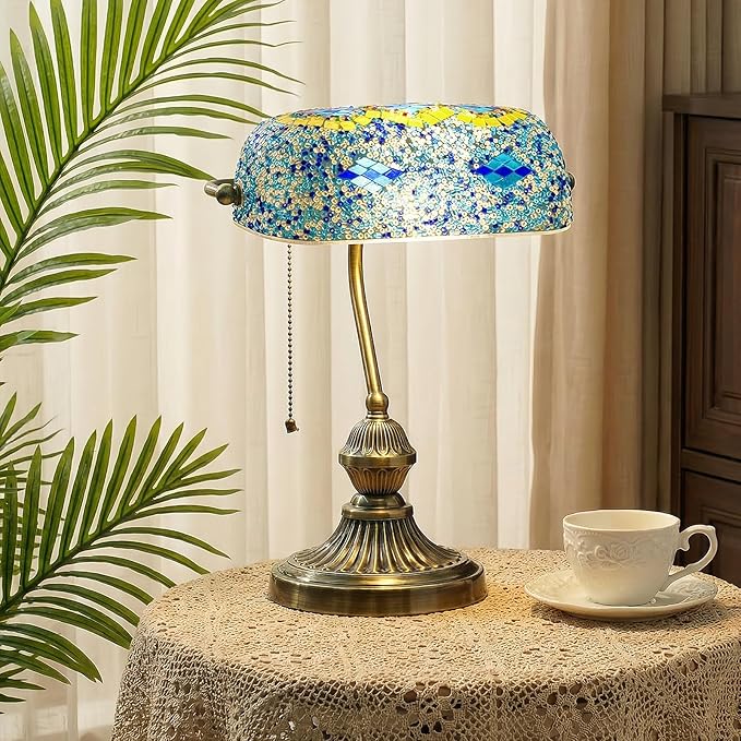 Glass Bankers Desk Lamp, Turkish Mosaic Lamp, Vintage Table Lamp with Brass Base, Classic Desk Light for Office & Study, E26 Bulb Compatible