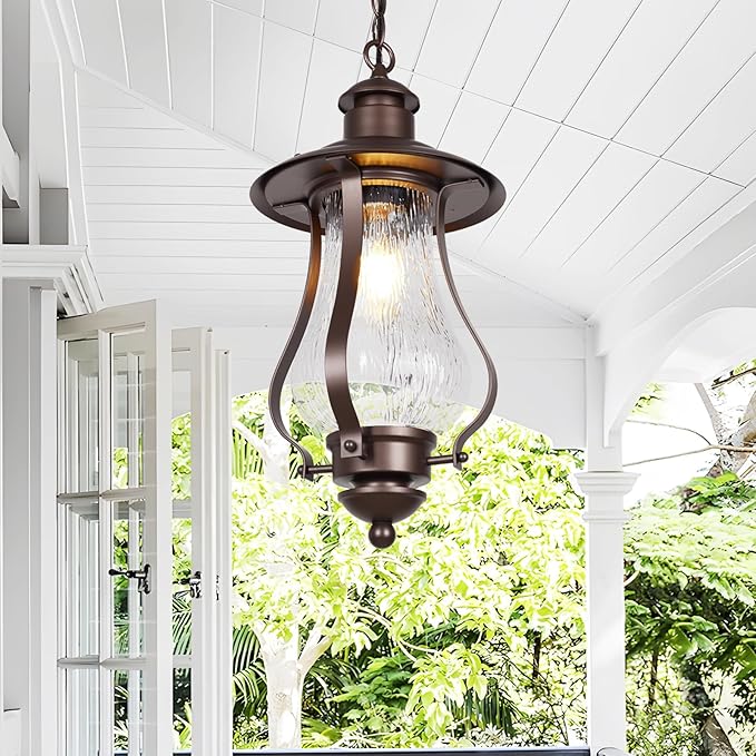 Treekee Outdoor Pendant Light, Vintage Hanging Lantern with Wood Grain Glass, Farmhouse Adjustable Brown Exterior Chandelier Fixture with E26 Socket for Porch, Patio, Entryway, Gazebo - Aura Lighting