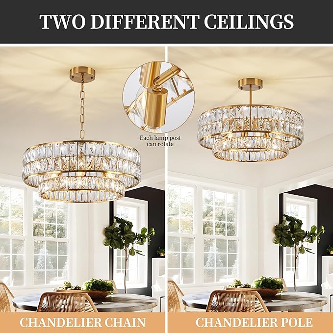 20 Inch Contemporary Luxury Crystal Chandelier, 6-Light Gold Semi-Flush Mount Ceiling Fixture, Round Crystal Pendant Design Perfect for Living Room, Dining Room, Kitchen, Foyer & Bedroom - Aura Lighting