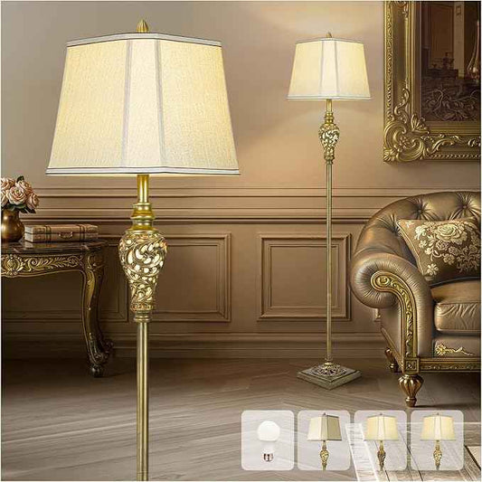 Vintage Floor Lamp for Living Room, 65" Tall Lamp with Nightlight and Beige Faux Silk Shade, Farmhouse Standing Lamp for Bedroom, Office Corner, or Study, Elegant Rustic Home Decor (LED Bulb Included)