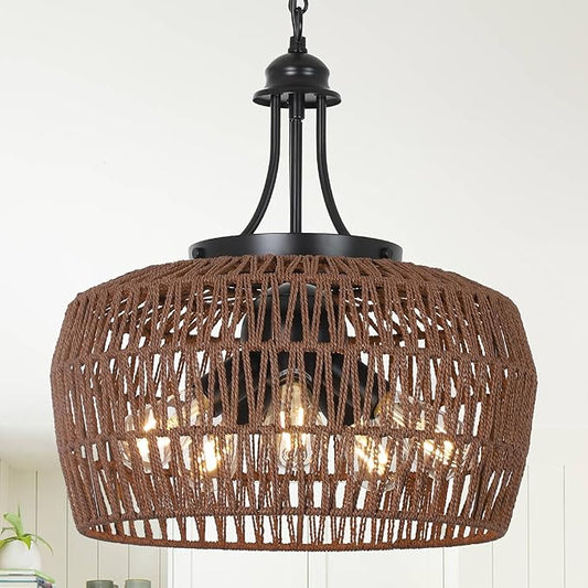 HMVPL Coffee Rattan Chandeliers for Dining Room, 5-Light Coastal Chandelier with Wicker Lampshade, Large Farmhouse Light Fixture, Boho Dining Room Chandelier for Island Kitchen Bedroom Living Room