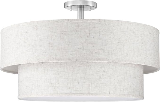 2-Tier 24" Cream Drum Fabric 5 Light Brushed Nickel Semi Flush Mount Ceiling Light for Living Room Dining Room Bedroom Hallway - Aura Lighting