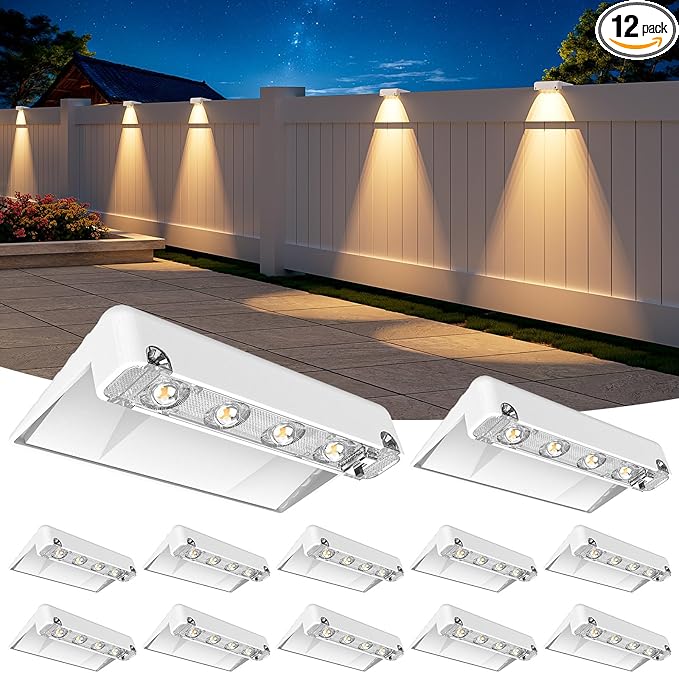 NIORSUN Solar Fence Lights Outdoor 12 Pack, IP65 Waterproof Large Size LED Solar Deck Lights with Lenses, Auto ON Off Warm White Step Lights for Outside, Patio, Fence, Yard and Railing Decor (White)