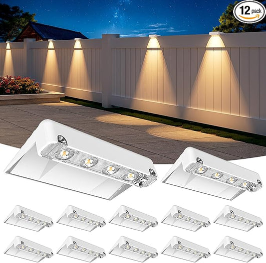 NIORSUN Solar Fence Lights Outdoor 12 Pack, IP65 Waterproof Large Size LED Solar Deck Lights with Lenses, Auto ON Off Warm White Step Lights for Outside, Patio, Fence, Yard and Railing Decor (White)