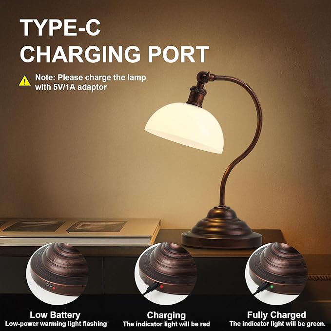 Cordless LED Table Lamp, 180° Swing Arm Desk Lamp, Rechargeable, Dimmable/3 Color/Memory Function, Vintage Rechargeable Table Light for Living Room,Bedroom,Bedside, Oil Rubbed Bronze - Aura Lighting