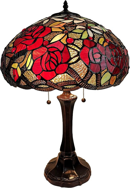 Tiffany Style Table Lamp Banker 24" Tall Stained Glass Yellow Brown Red Floral Roses Vintage Light Décor Nightstand Living Room Bedroom Office Handmade Gift AM1535TL16B Amora Lighting