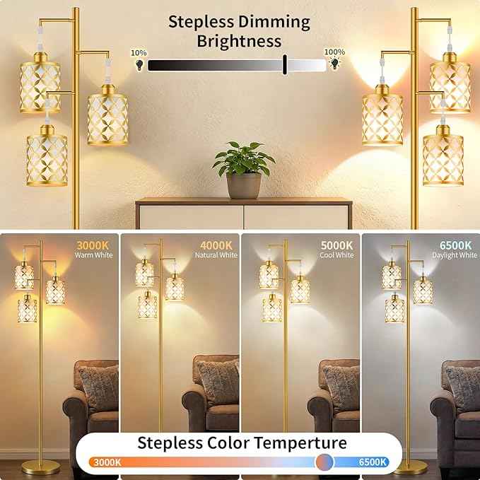 New Upgraded 72" Tall Dimmable Floor Lamp with 3 x 1100LM 12W Bright LED Bulbs, Farmhouse Standing Lamp with Remote Control, Industrial Tree Pole Floor Lamps for Living Room, Bedroom, Office - Gold