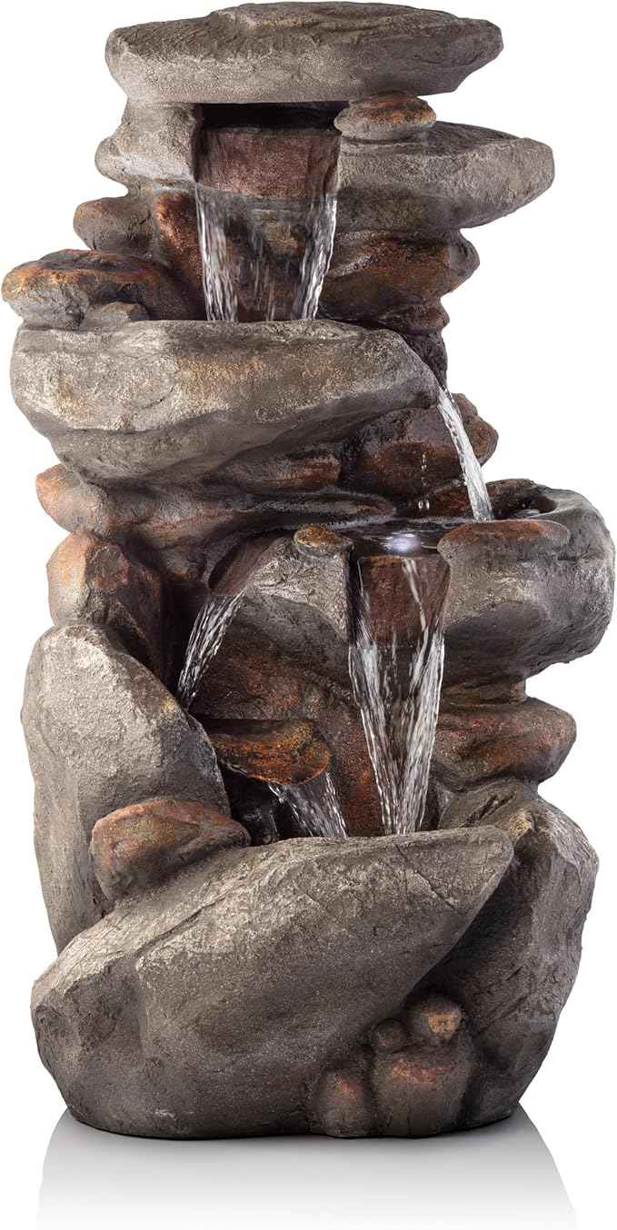 Alpine Corporation | 40" 4-Tier Rock Floor Fountain with Cascading Water & White LED Lights, Tranquil Outdoor Water Feature for Garden, Patio, Yard & Deck, Light Gray
