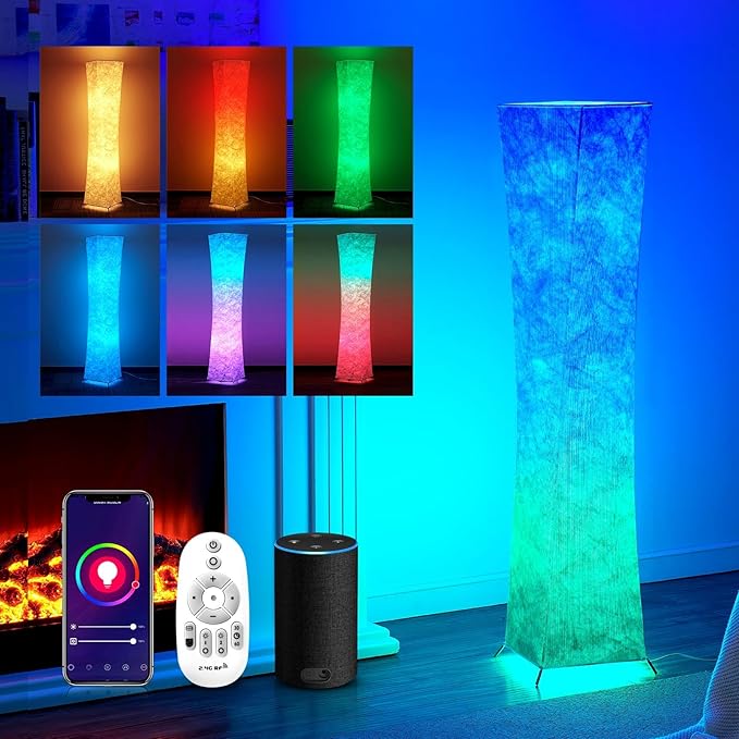 chiphy Floor lamp, RGB Standing Lamps for Bedroom, 7 Colors Changing and Dimmable LED Bulbs, Remote Control and White Fabric Shade, Modern Light for Living Room and Play Room
