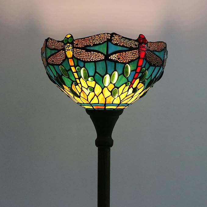 Tiffany Floor Lamps for Living Room, Tiffany Torchiere Floor Lamp Dragonfly, Blue-Green 12 Inch Stained Glass Lampshade, Small Tiffany Type Reading Floor Lamp