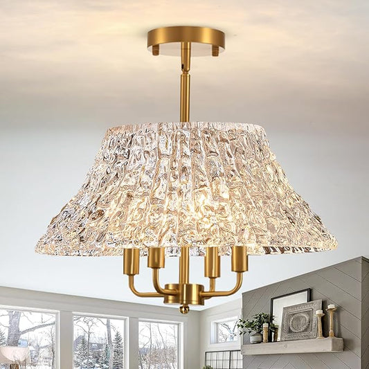 13.78 Inch Gold & Crystal Glass Semi-Flush Mount Ceiling Light - Vintage Mid Century Modern Art Deco Lighting for Hallway, Kitchen, Entryway, Bathroom & Laundry Room