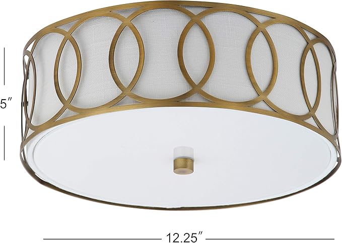 JONATHAN Y 12.25" Brass Gold Modern Metal LED Flush Mount Ceiling Light for Bedroom Hallway, White Linen Drum Shade with Geometric Fretwork, LED Bulbs Included JYL3502A