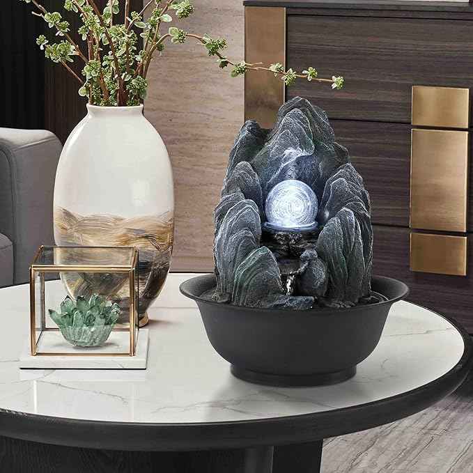 WICHEMI Water Fountains Indoor Waterfall Fountain Tabletop Fountain with LED Rolling Ball Stacked Rocks Indoor Water Feature Zen Meditation for Home and Office Indoor Spaces Decor (Style 19)
