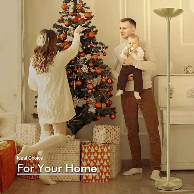 30W Torchiere Floor Lamp Gold, 3600LM Bright Stepless Dimmable Floor Lamp, 71 Inch LED Standing Lamp 3000K, Rotary Switch, I Inch Thick Pole, Tall Metal Torch Floor lamps for Living Room/Bedroom/Den - Aura Lighting