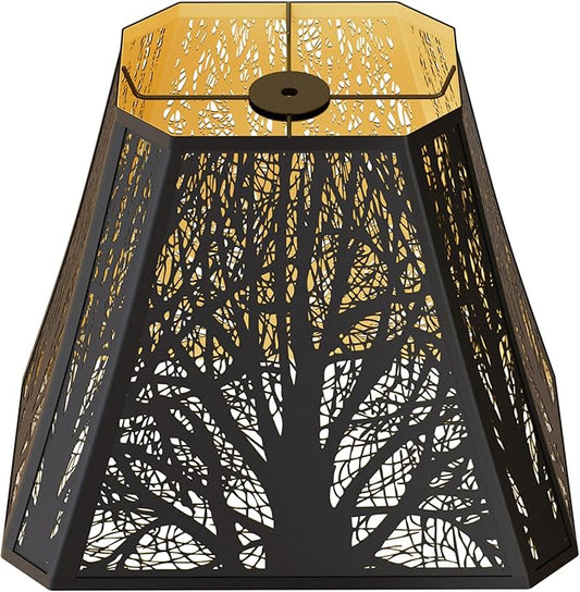 ALUCSET Metal Bell Lampshade, Rectangular Cut Corner Lamp Shades Replacement for Table Floor Lamps, Etched Forest Lamp Shade (5+6.5) " Top x (8+12)" Bottom x 10" High, Black Gold Replacement Spider